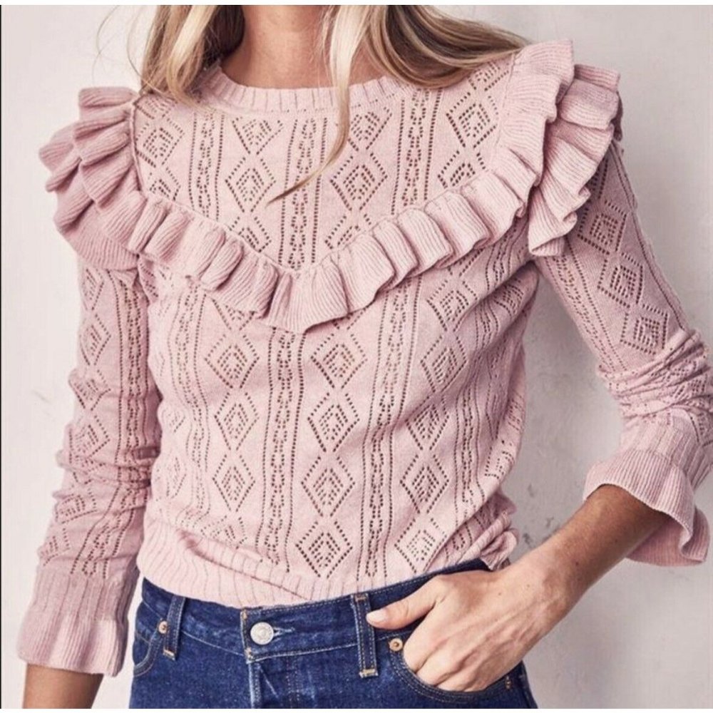 LoveShackFancy Pink Ruffled Cable Knit Sweater